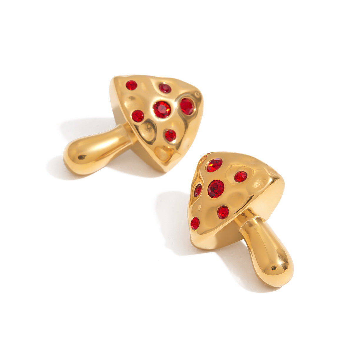 Luxury Elegant Geometric Mushroom Stud Earrings with Red Cubic Zirconia, Stainless Steel and Titanium Steel Post, 18K Gold Plated