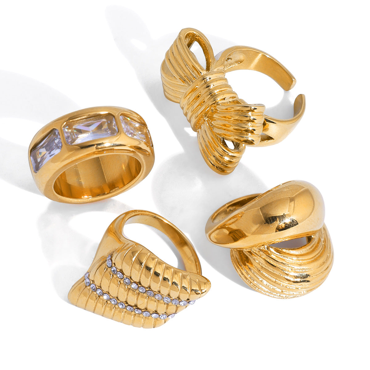 Elegant Geometric Stainless Steel Ring with Cubic Zirconia and Bow Knot PVD Gold Plated for Women
