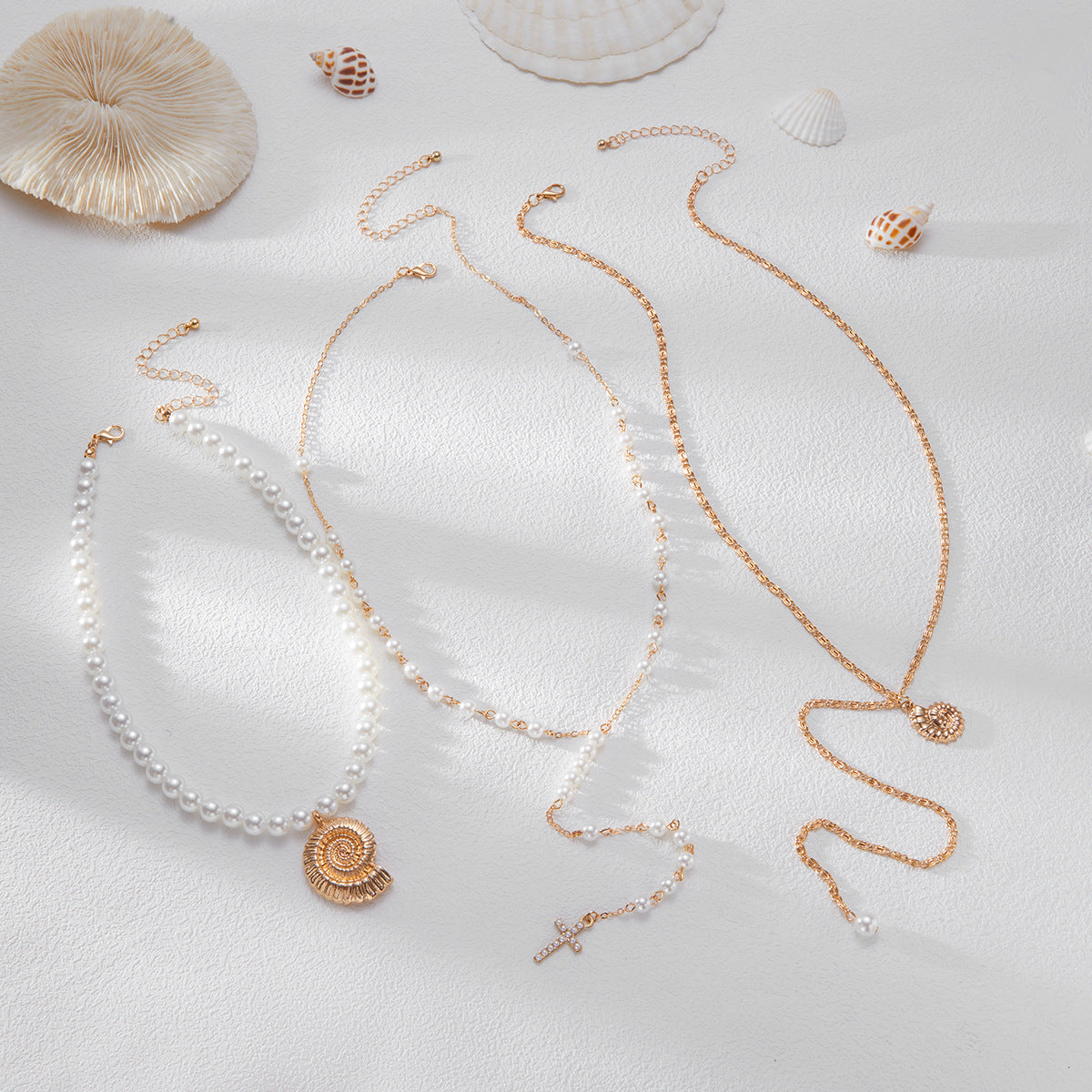 Sweet Geometric Cross Alloy Pendant Pearl Beaded Necklace for Women