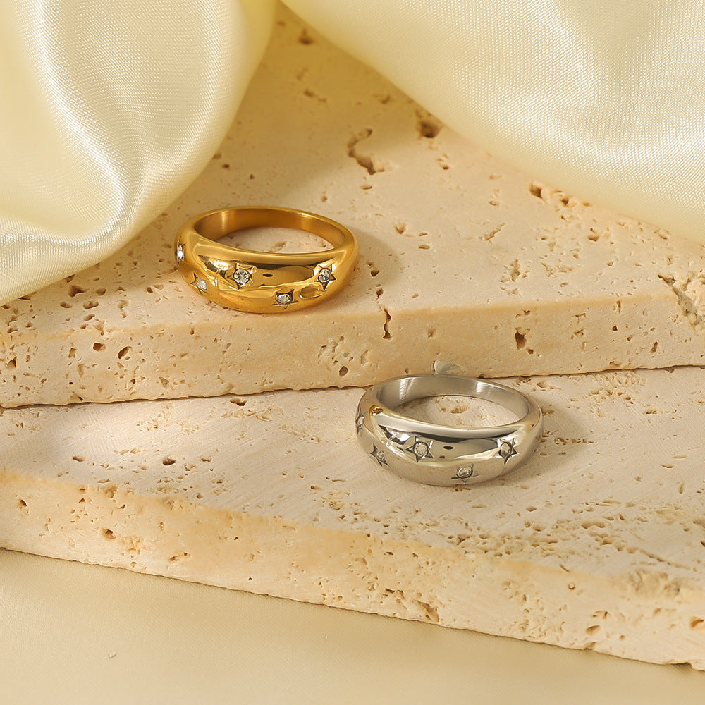 Minimalist Geometric Star-Inlaid Stainless Steel Ring with 18K Gold Plating for Women