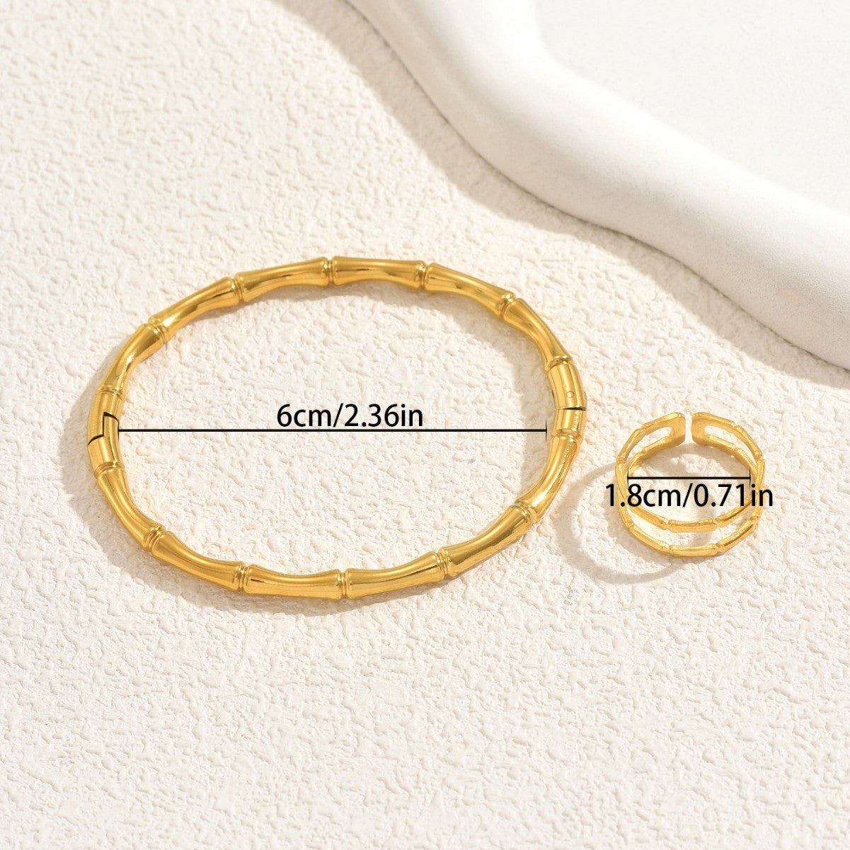 Conjunto de pulsera y anillo abierto chapados en aleación de zinc con forma de bambú minimalista de moda para mujer