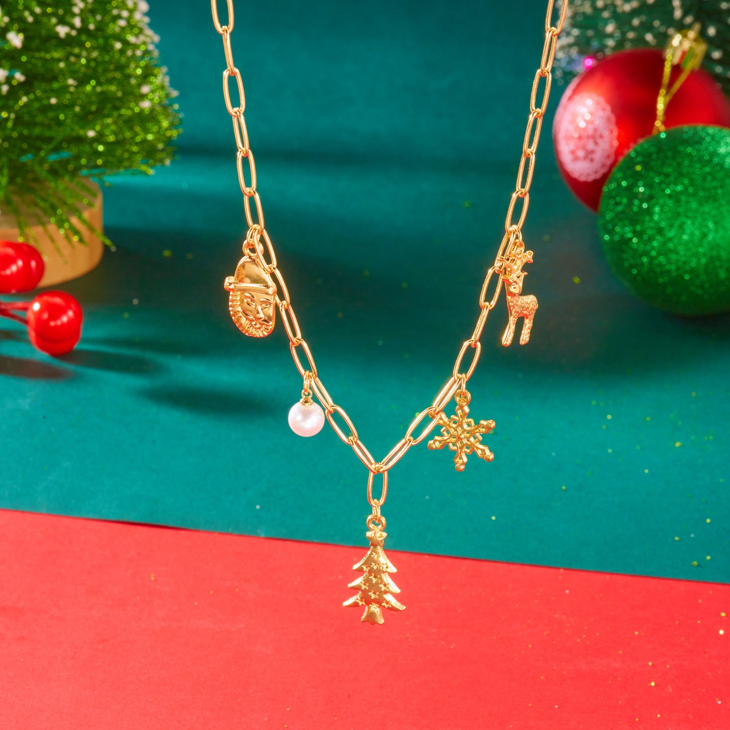 Set bracciale e collana con fiocco di neve e renna per albero di Natale, dolce e audace, in lega placcata oro, gioielli festivi per le vacanze, regalo unisex