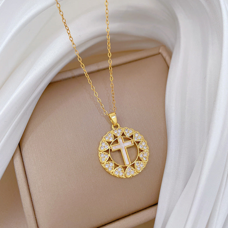 Sweet Cartoon Heart Cross Geometric Rhinestone Brass Pendant Titanium Steel Necklace for Unisex