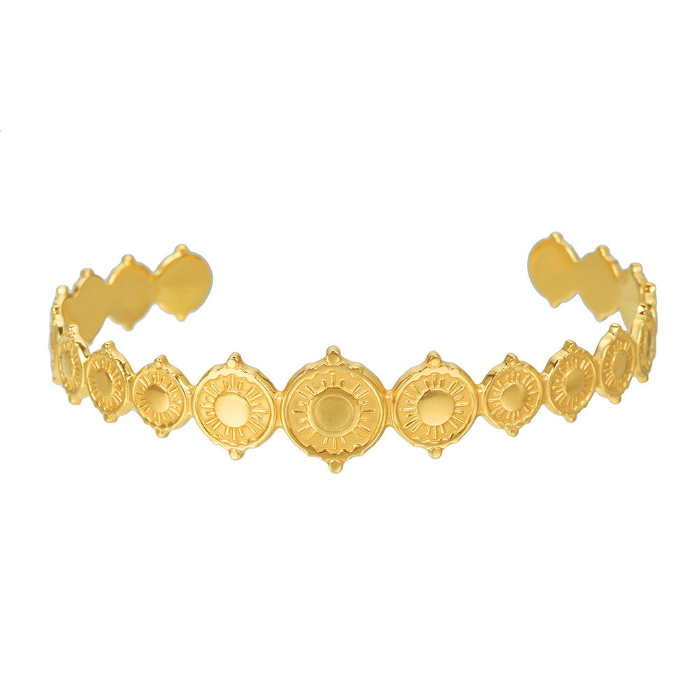 Minimalist Titanium Steel Plated Round Geometric Leaf Hollow Sun Snake Cuff Bracelet