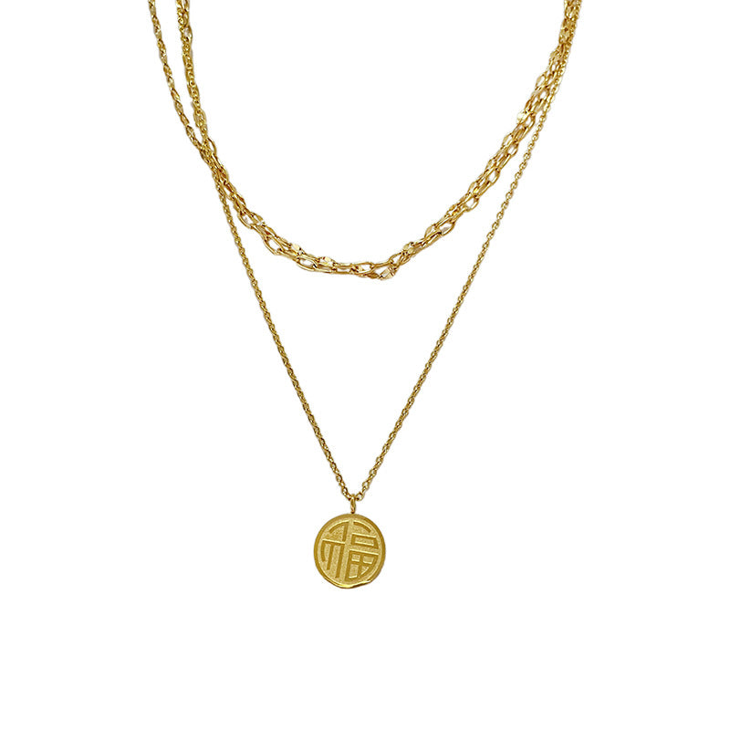 Vintage Ethnic Gold Plated Titanium Steel Round Fu Character Pendant Necklace for Unisex