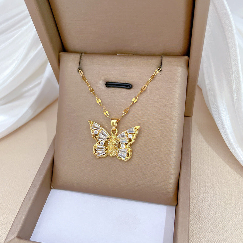 Collana con Ciondolo a Farfalla Minimalista da Donna e Uomo con Catena in Acciaio al Titanio e Intarsio in Zirconia Cubica