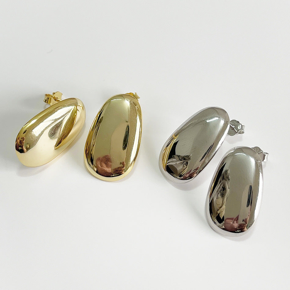 Minimalist 925 Sterling Silver Oval Teardrop Pearl Inlay Earrings with 18K Gold and Platinum Plated Finish