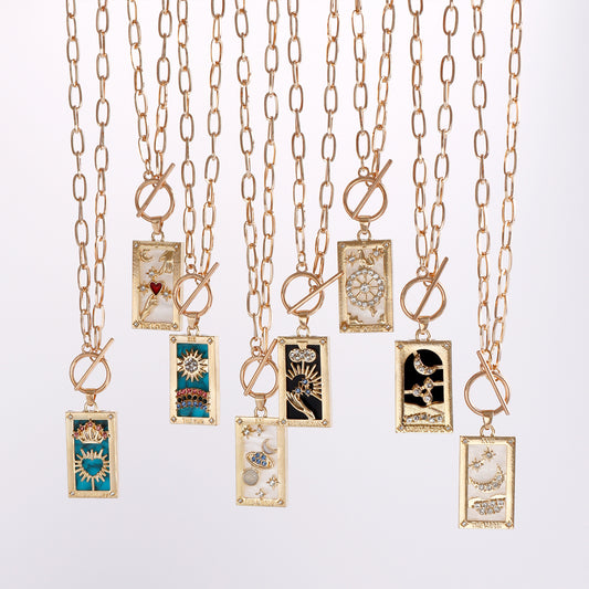 Collana Pendente Geometrica in Lega di Ispirazione Vintage con Imitazione Strass e Intarsio in Madreperla, Catena Lunga Clavicola Stratificata Elettroplaccata da Donna