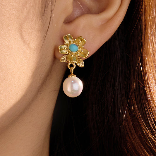 Vintage Style Floral Pendant Earrings with Natural Stones and Pearl Accents in Stainless Steel with Plating Finish for Women