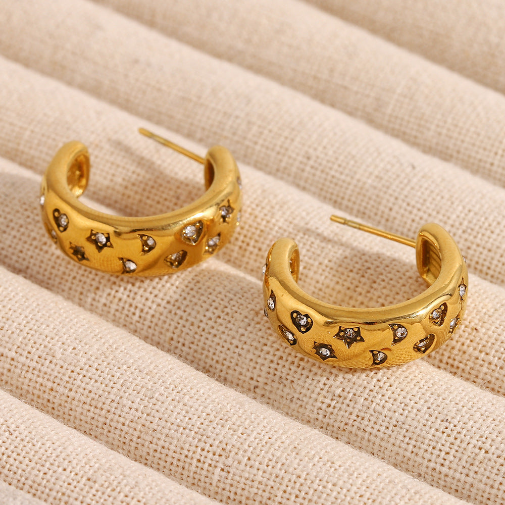 Minimalist Geometric Star and Moon Stainless Steel Earrings with 18K Gold Plating and Cubic Zirconia Accents
