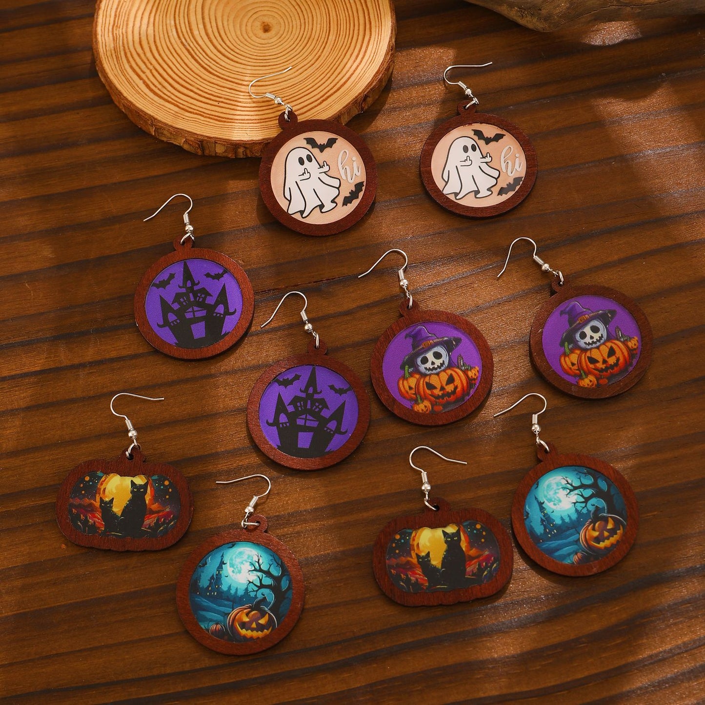 Pendientes geométricos con temática de Halloween, con motivos de calabazas y fantasmas impresos, pendientes de madera de Halloween para mujer