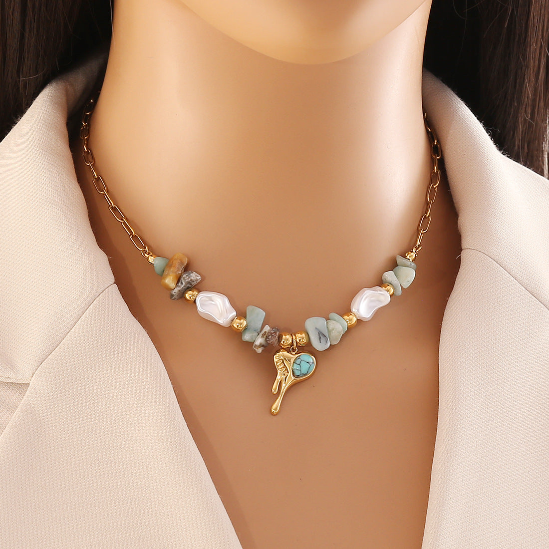 Handmade Stainless Steel Heart Pendant Necklace for Women with Natural Stone Beads