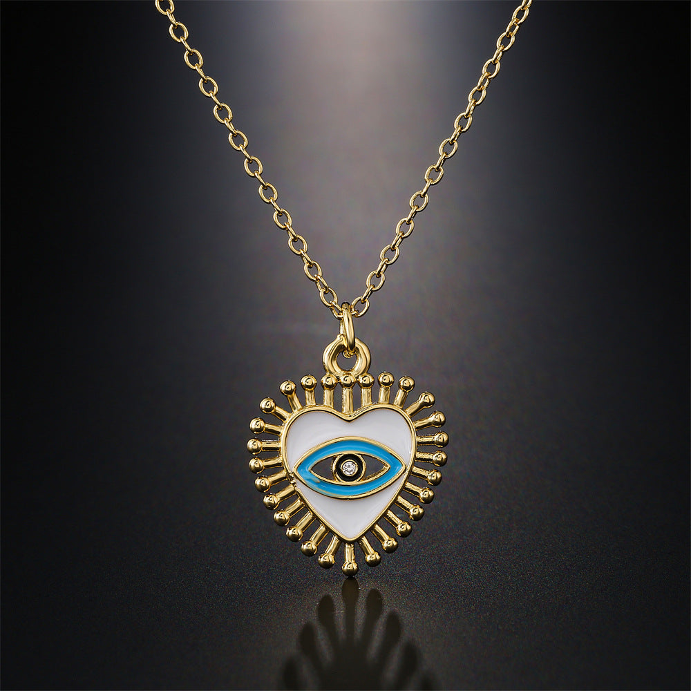 Drip Oil Heart Geometric Cubic Zirconia Inlay Brass Pendant Necklace with Cable Chain