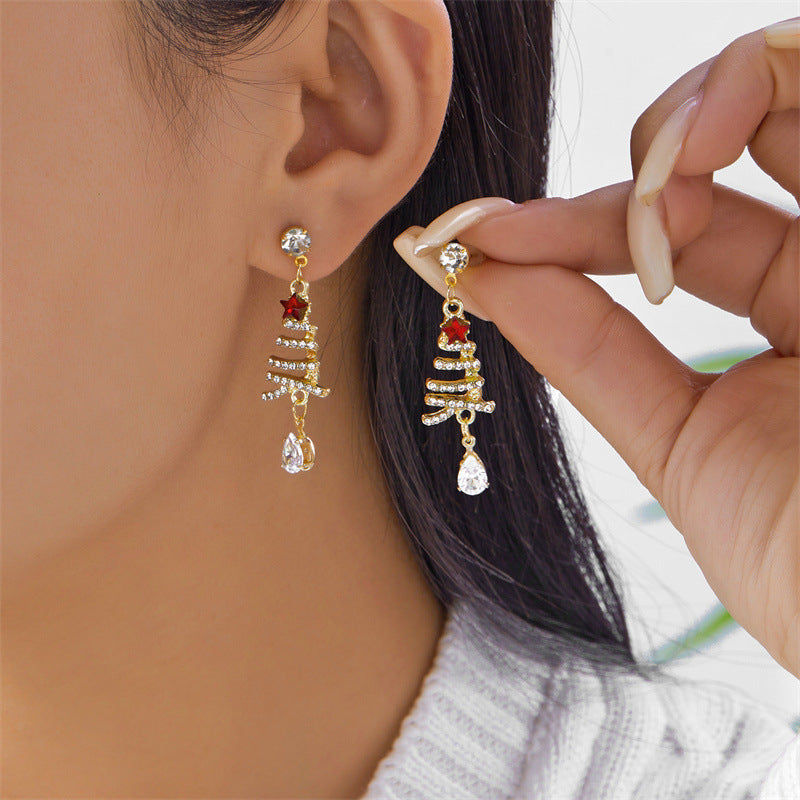 Orecchini a perno natalizi alla moda con albero di Natale in lega e intarsio di strass da donna, Regalo di gioielli festivi per le vacanze