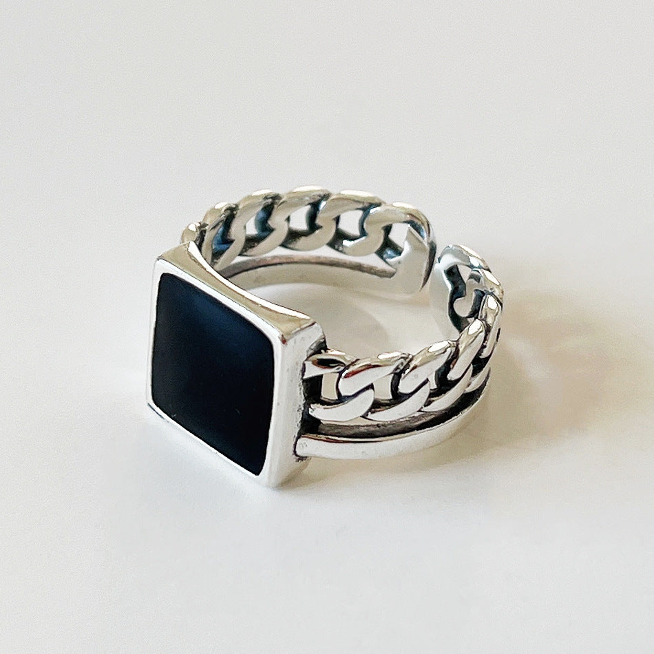 Vintage Minimalist 925 Sterling Silver Square Curb Chain Ring with Resin Inlay