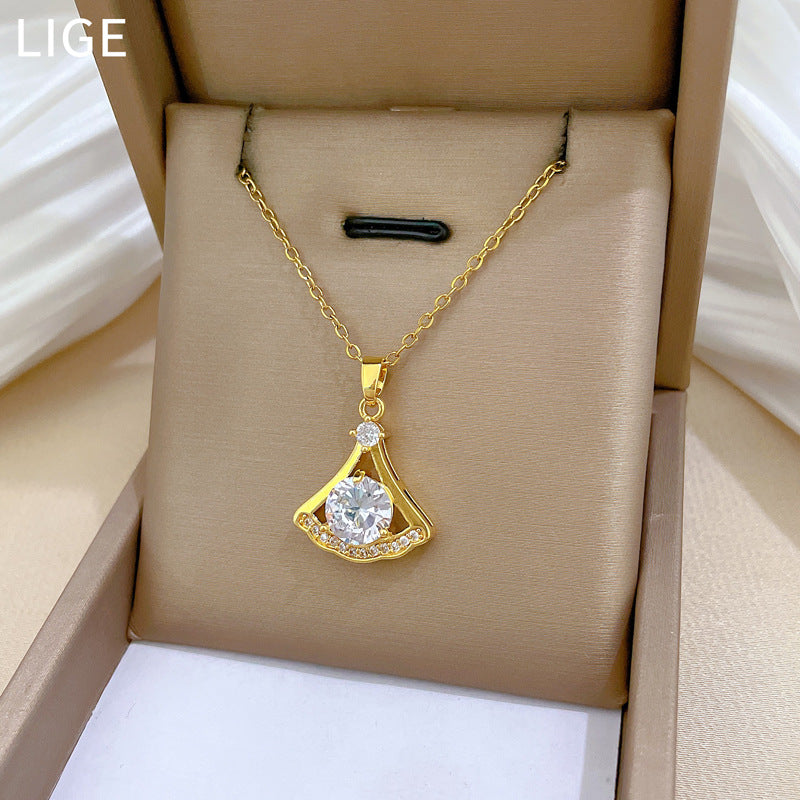 Cartoon Style Skirt-Shaped Pendant Necklace for Women and Men in Titanium Steel with Full Rhinestone Inlay and Delicate Locket Chain