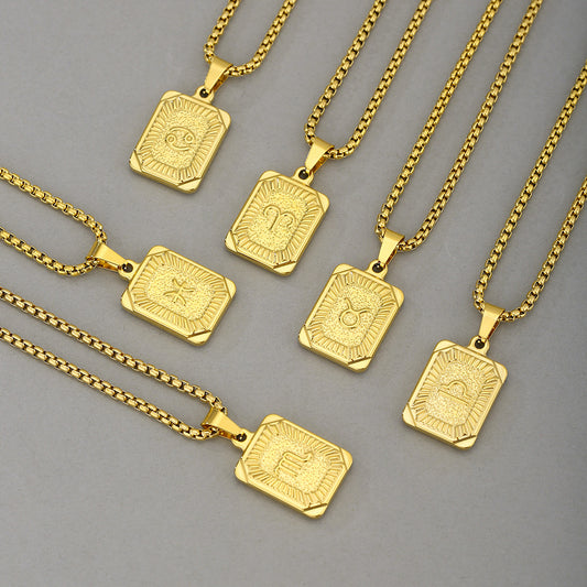 Minimalist Geometric Stainless Steel Zodiac Pendant Necklace with Plated Finish for Men and Women