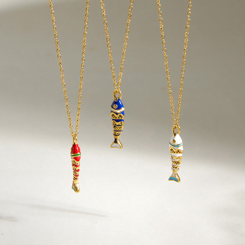 Elegant Geometric Fish Drip Oil PVD Titanium Steel Necklace for Women