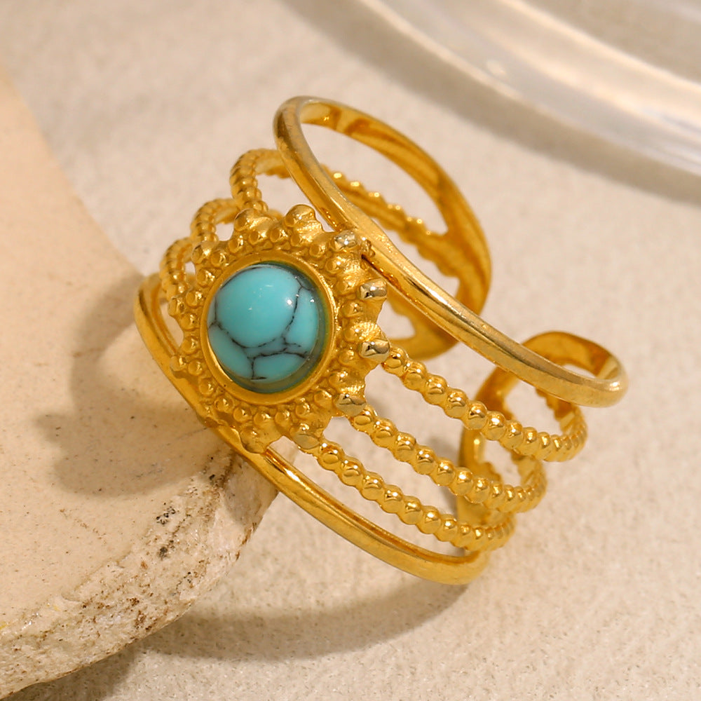 Anello Da Donna Con Apertura In Acciaio Inossidabile Placcato Oro 18 carati Turchese Geometrico Stile Vintage