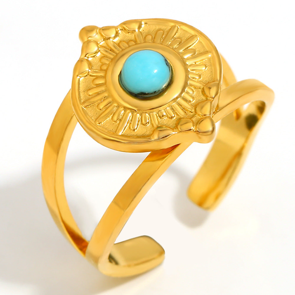 Anello da Donna Aperto a Fascia Stile Retrò Turchese Geometrico in Acciaio Inossidabile Placcato Oro 18K