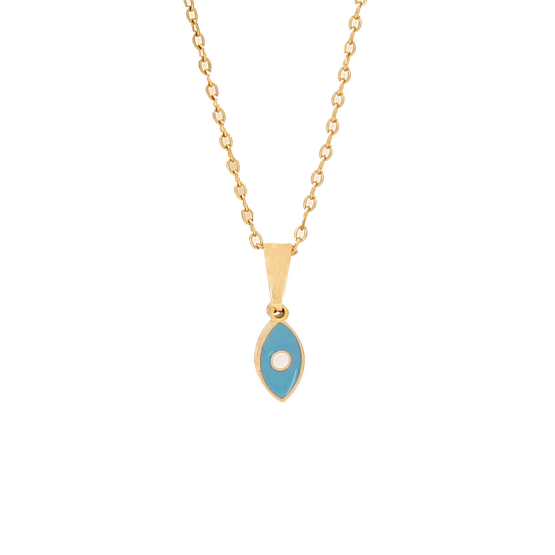 Minimalist Blue Enamel Eye Pendant Necklace with Hand Charm in Stainless Steel