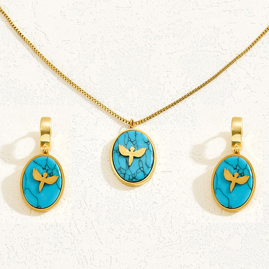 Set di orecchini e collana con ciondolo in rame intarsiato turchese con motivo orso e animali in stile Fashion Commuter con finitura smaltata