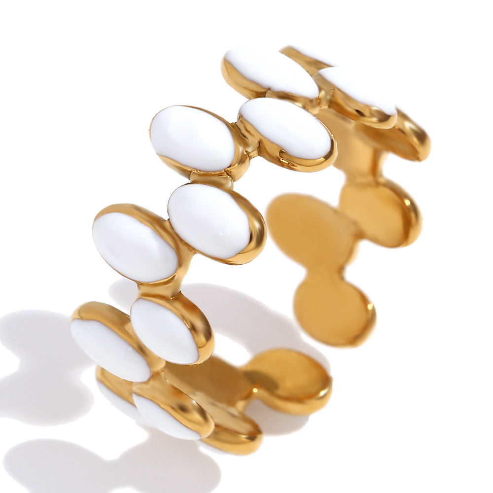 Minimalist Geometric Stainless Steel Ring with 18K Gold Plating and White Enamel Finish for Women