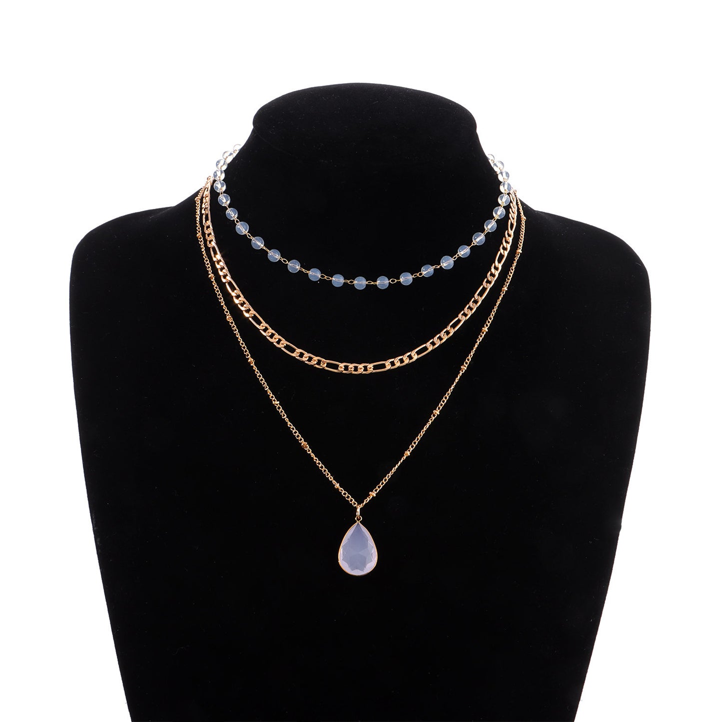 Geometric Mother-of-Pearl Pendant Necklace with Alloy Chain, Electroplated Finish, Adjustable Triple Strand Design