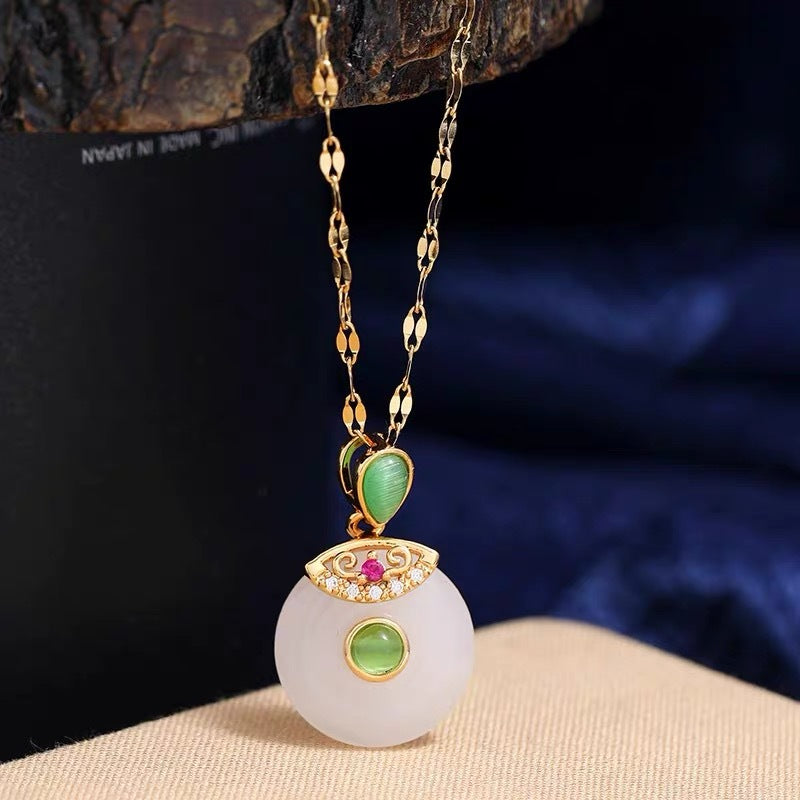 Collana con Ciondolo Occhio di Gatto Floreale Minimalista in Acciaio al Titanio con Finitura Placcata su Catena ad O per Donne e Uomini
