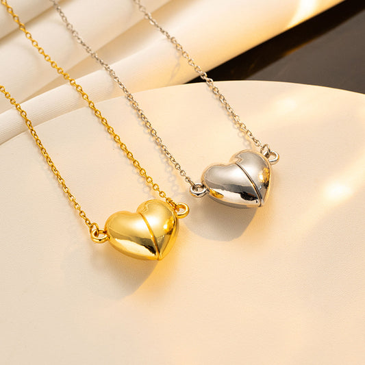 Light Luxury 18K Gold Plated Titanium Steel Heart Pendant Necklace with Magnetic Clasp O-Chain for Women