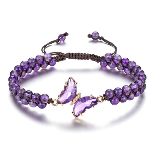 Casual Butterfly Crystal Amethyst Tiger Eye Agate Handmade Woven Bracelet Unisex Adjustable