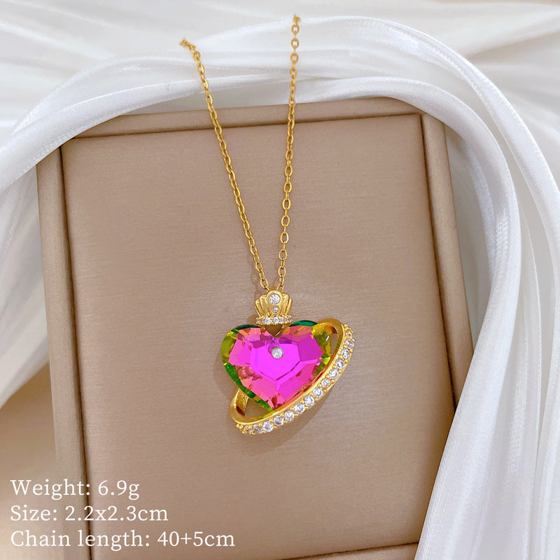 Sweet Minimalist Colorful Heart Crown Rhinestone Titanium Steel Necklace for Unisex
