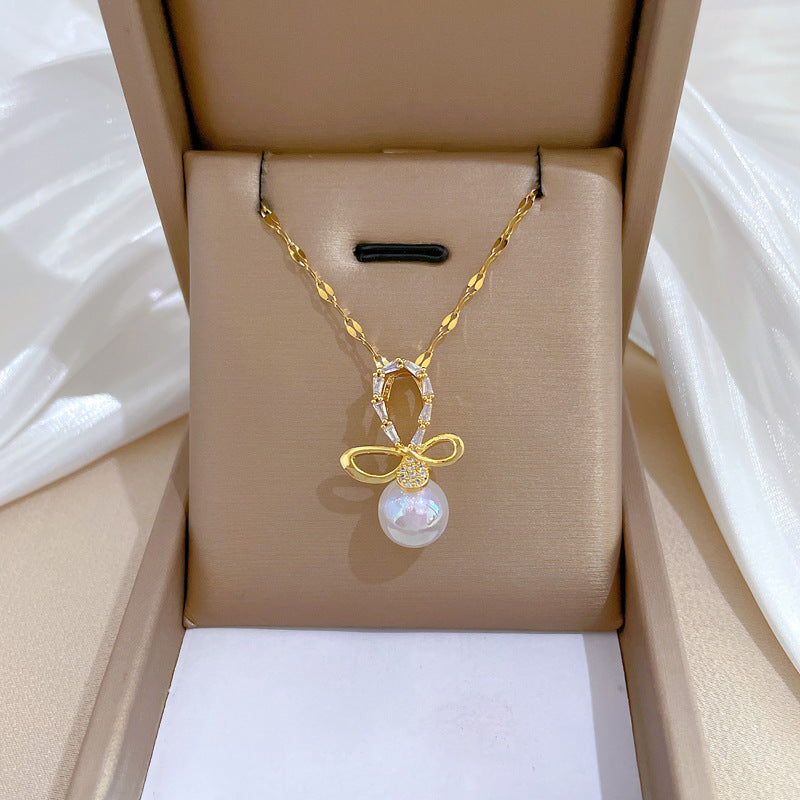 Luxury Mermaid-Inspired Butterfly Bow Pendant Necklace for Women Stainless Steel Delicate Collarbone Chain with Rhinestone Inlay