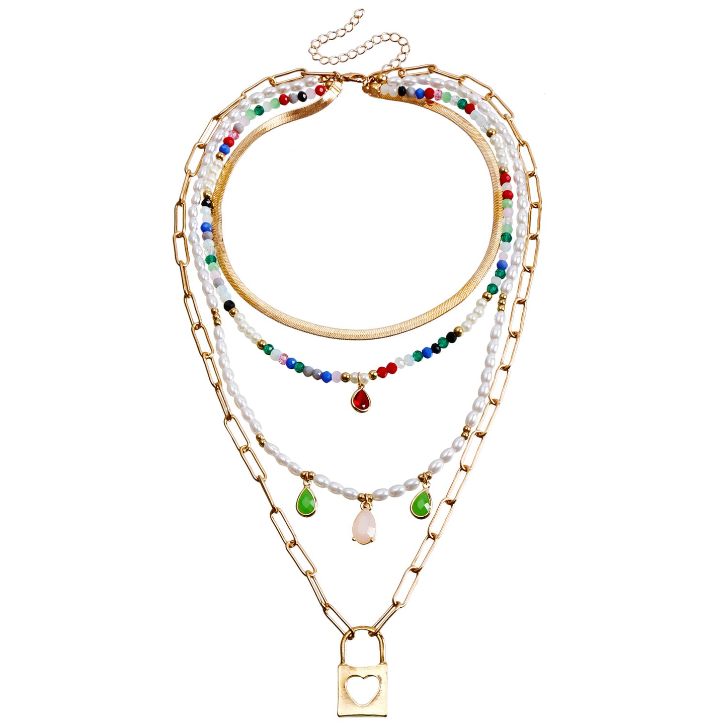 Bohemian Multi-Layer Beaded Necklace with Geometric Shape Alloy Pendant, Electroplated Finish, Fashionable Clavicle Chain for Women