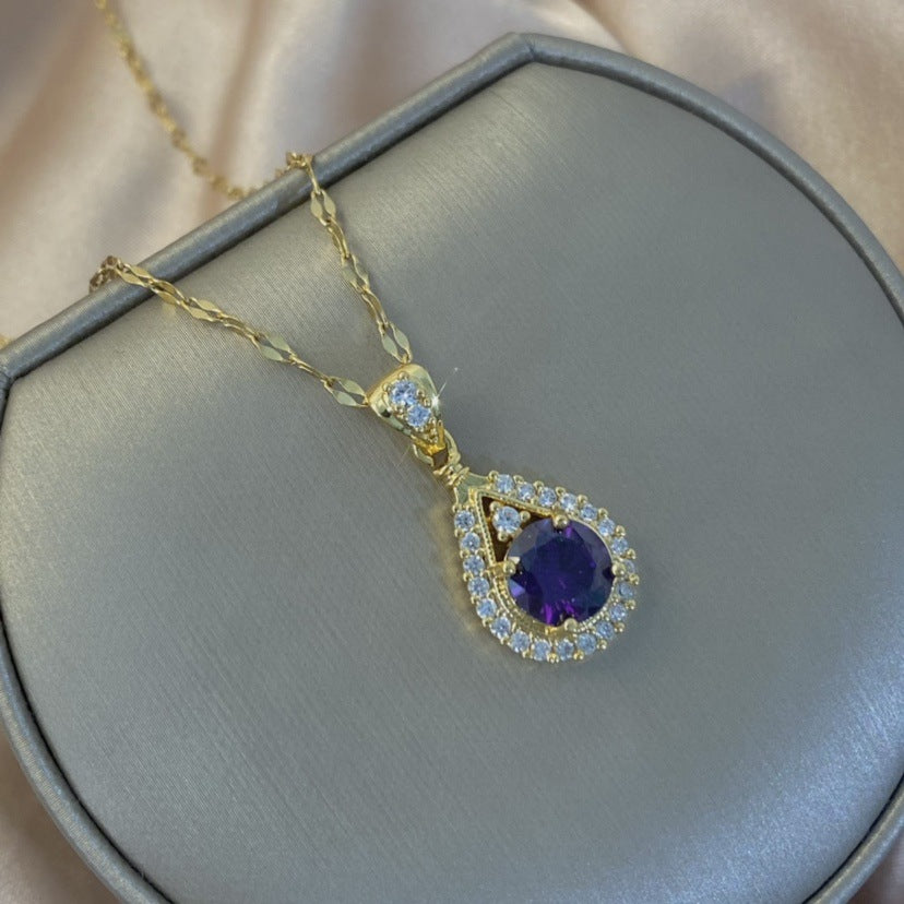 Collana da donna minimalista a forma di goccia in acciaio al titanio con ciondolo in rame e intarsio di strass