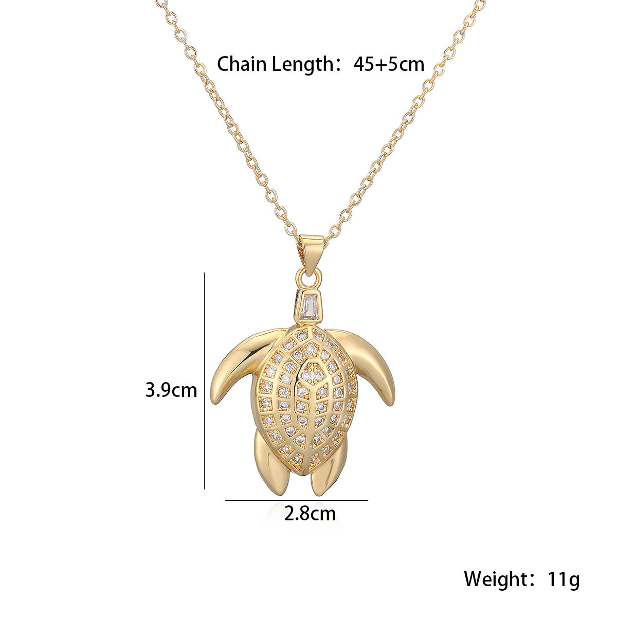 Minimalist Gold Plated Brass Cubic Zirconia Turtle Pendant Necklace for Women