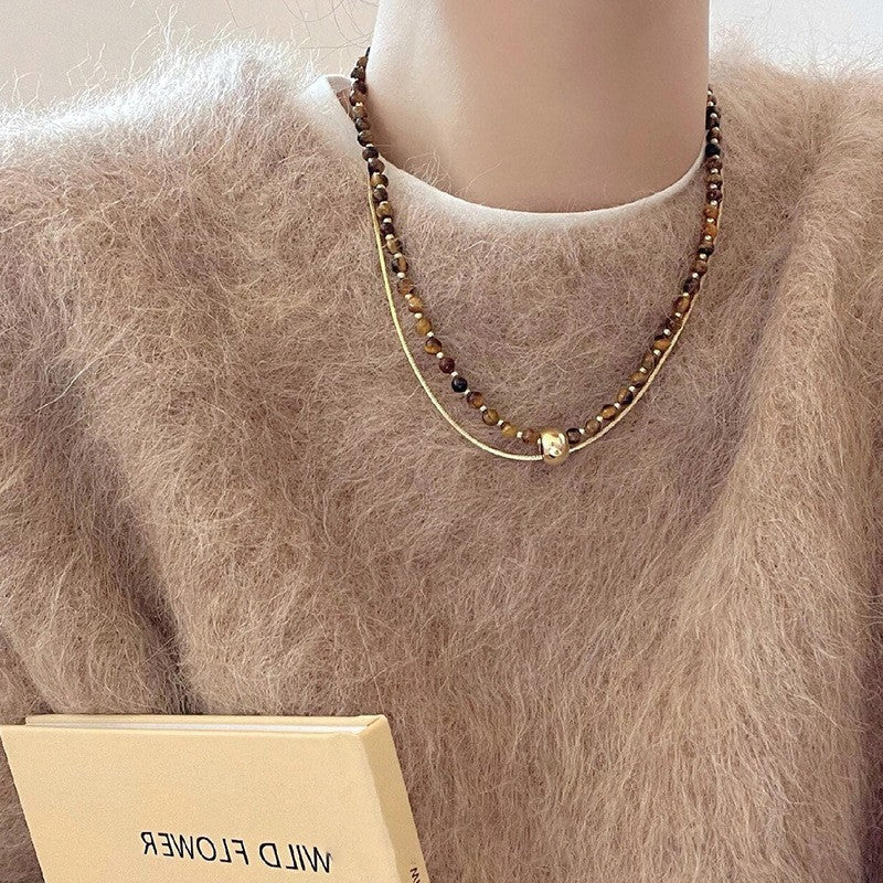Collana pendente occhio di tigre in stile retrò con design geometrico da donna, catena a maglie color oro, accessorio minimalista di lusso