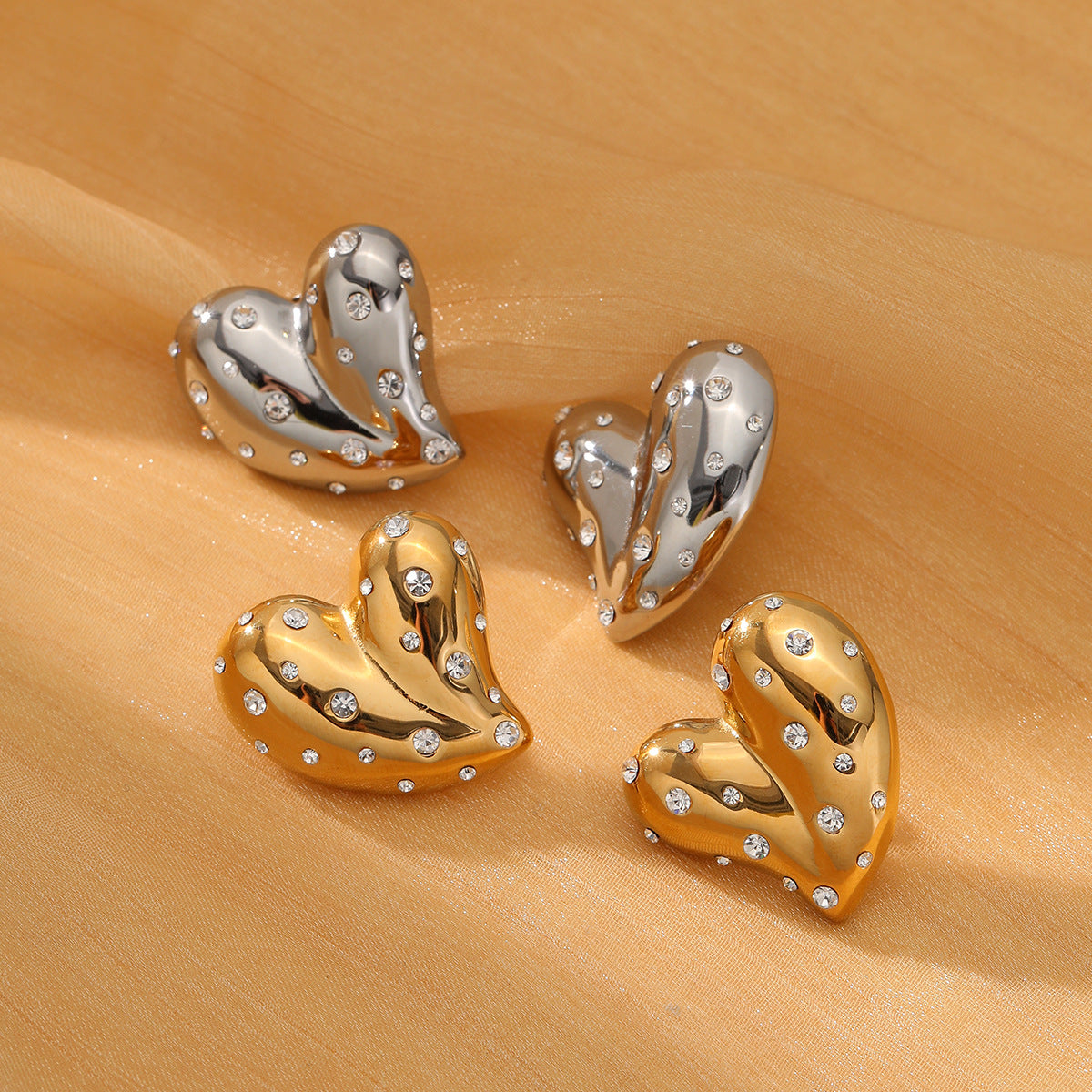 Vintage Heart-Shaped Stainless Steel Earrings with 18K Gold Plating and White Rhinestone Inlay for Women