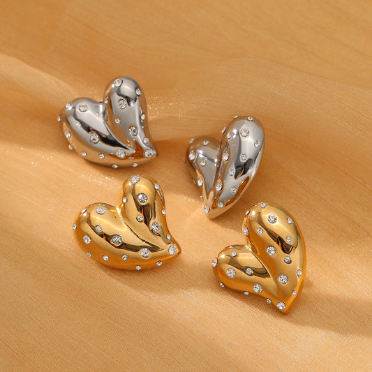 Pendientes Vintage de Acero Inoxidable en Forma de Corazón con Baño de Oro de 18K e Incrustaciones de Pedrería Blanca para Mujer