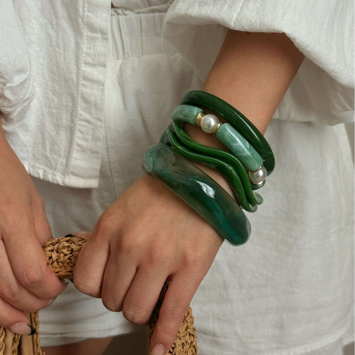 Vintage Green Acrylic Drip Oil Bracelet Set Geometric Round Square Design