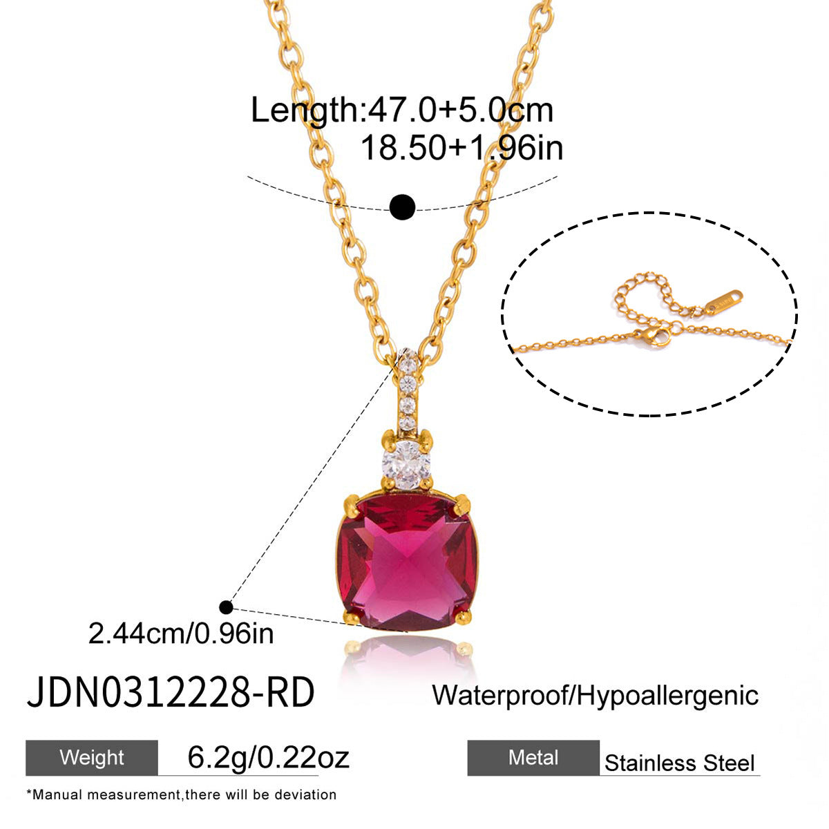 Minimalist Colorful Cubic Zirconia Geometric Square PVD Gold Plated Stainless Steel Necklace for Women