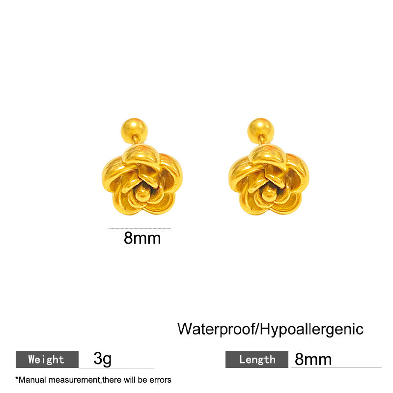 Minimalist Elegant 3D Camellia Flower Titanium Steel Stud Earrings for Women