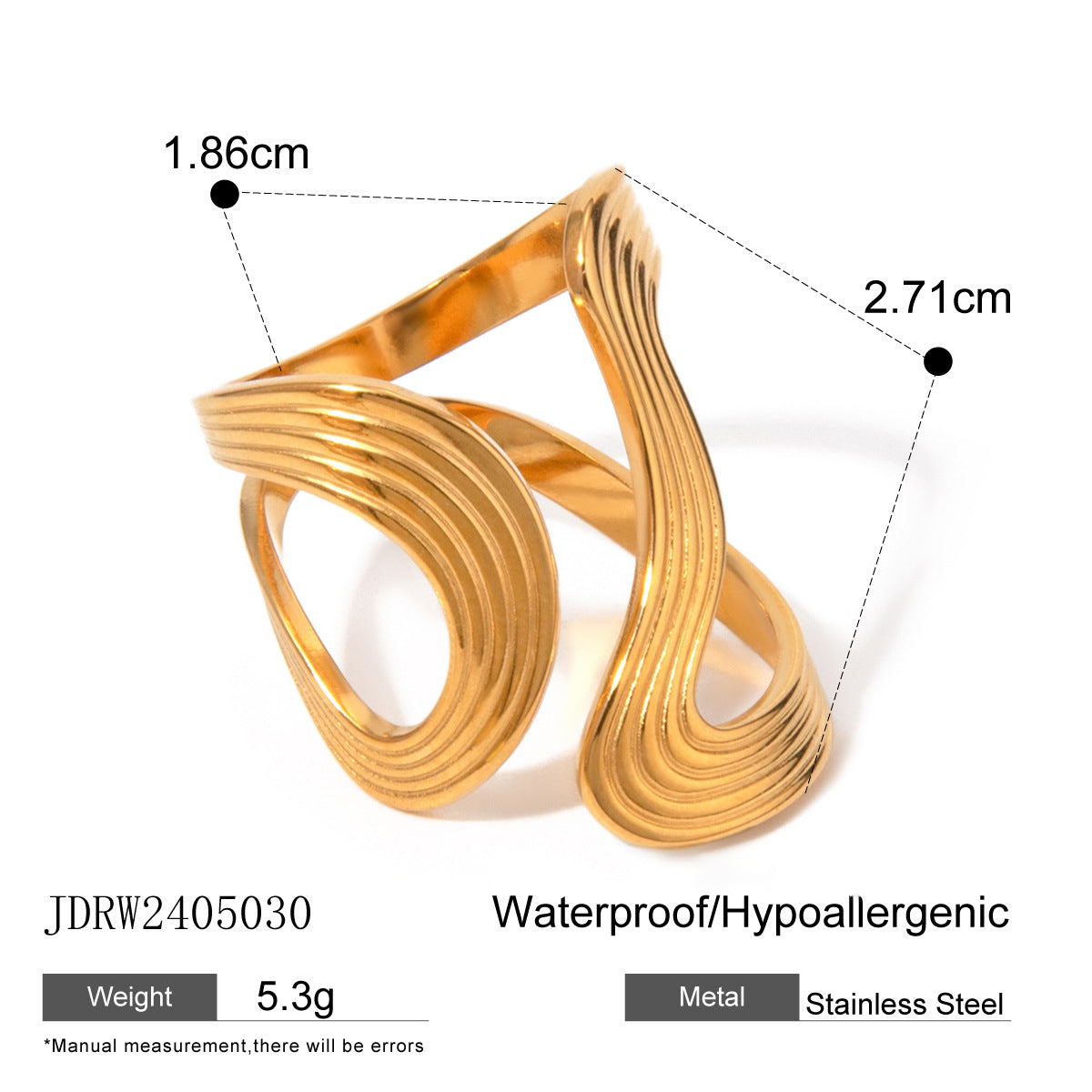 Geometric Plated Stainless Steel Open Ring for Women