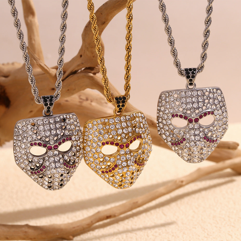 Collar con colgante de calavera minimalista para hombre de acero inoxidable con baño de oro de 18K y incrustaciones de pedrería en cadena de cable retorcido