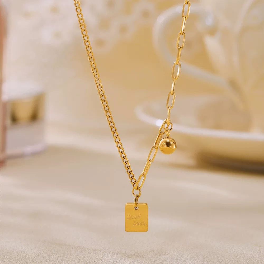 Minimalist Elegant Gold Plated Titanium Steel Square Letter Round Ball Chain Necklace for Women