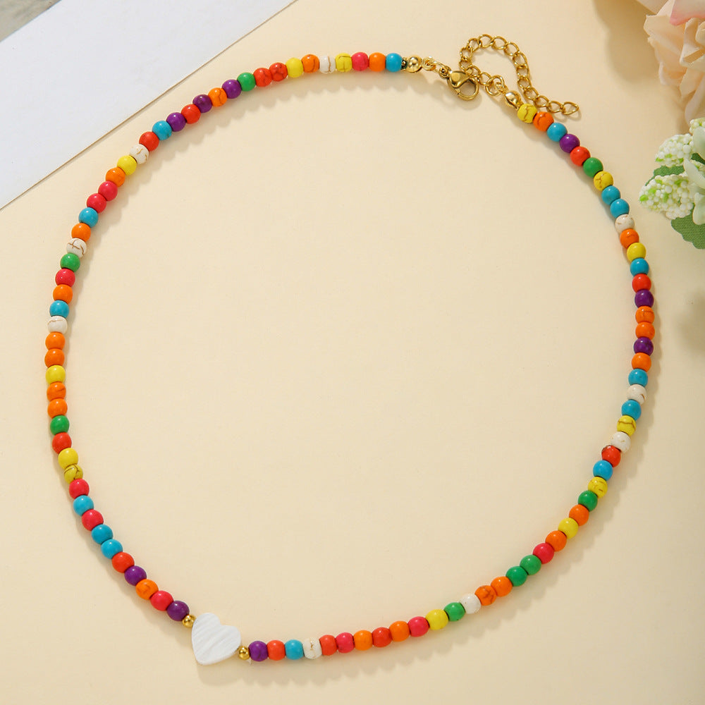 Bohemian Colorful Turquoise Beaded Necklace with Heart Mother of Pearl Pendant on Cable Chain for Women