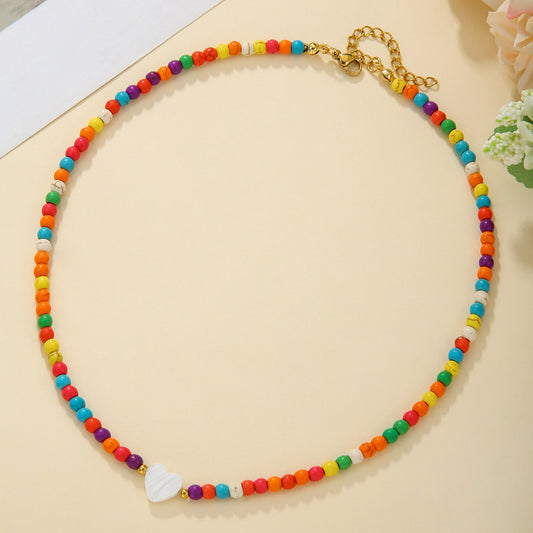 Bohemian Colorful Turquoise Beaded Necklace with Heart Mother of Pearl Pendant on Cable Chain for Women