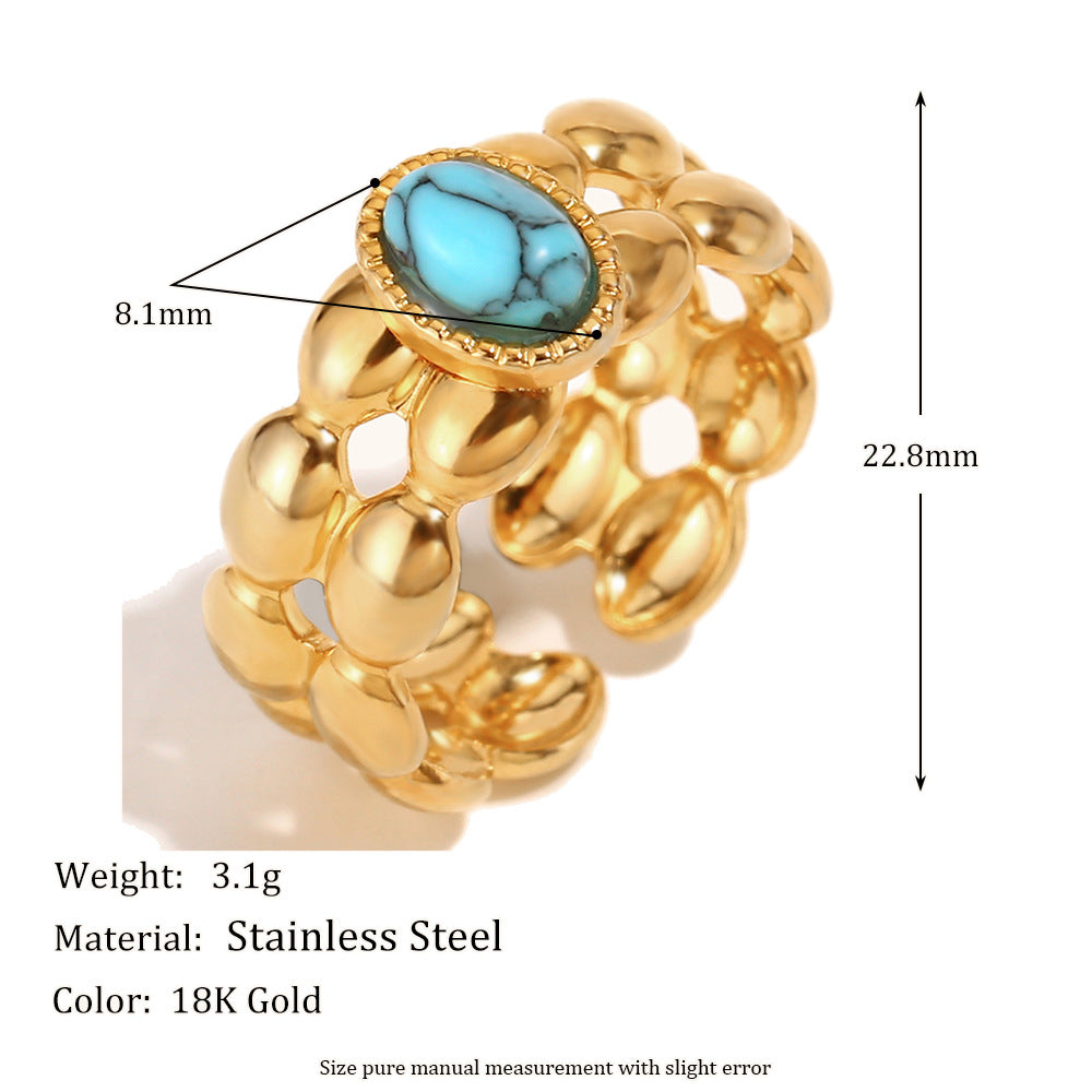 Anello Minimalista Geometrico da Donna in Acciaio Inossidabile Placcato Oro 18K con Intarsio Turchese