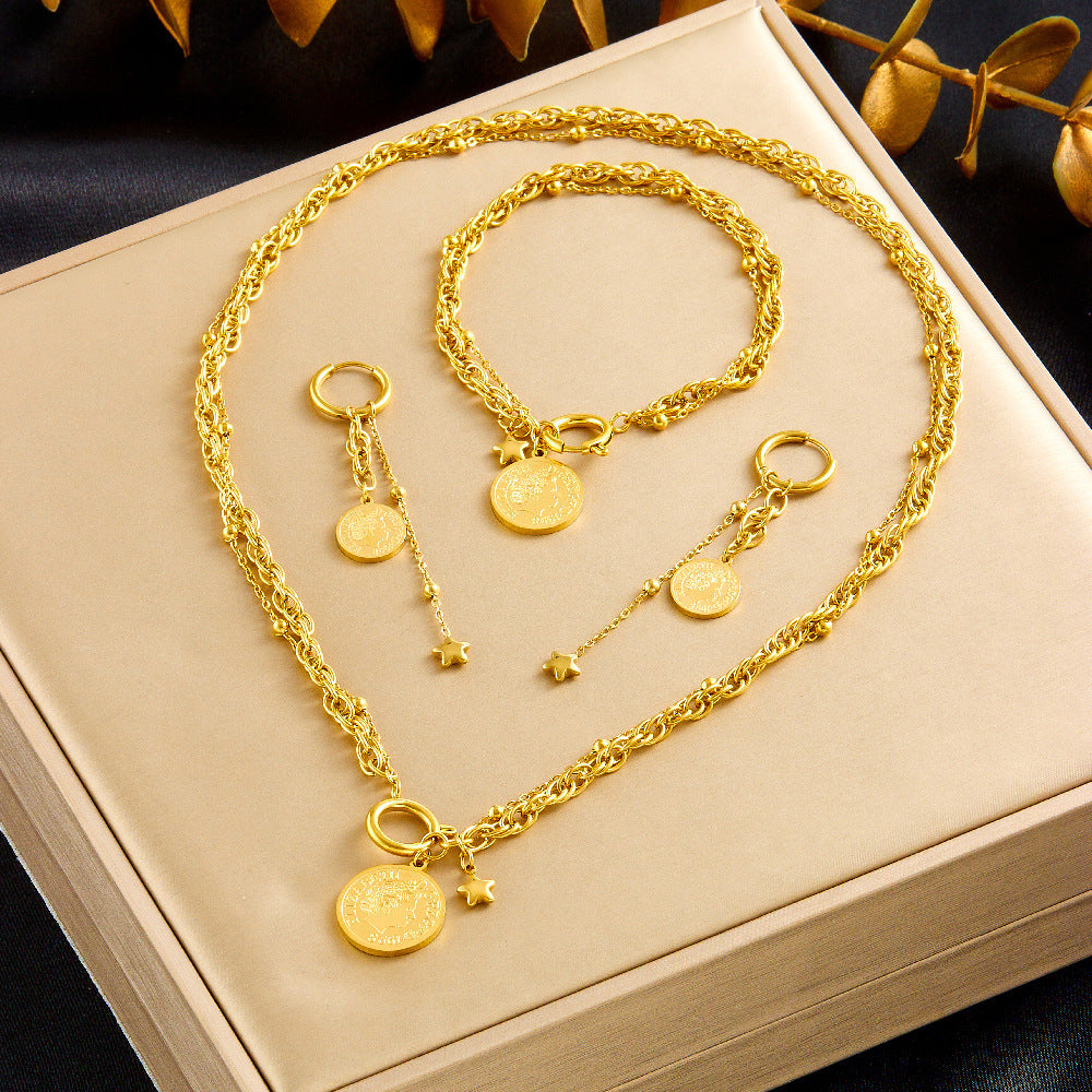 Vintage Gold Plated Stainless Steel Coin Round Star Pendant Tassel Jewelry Set with Box Chain