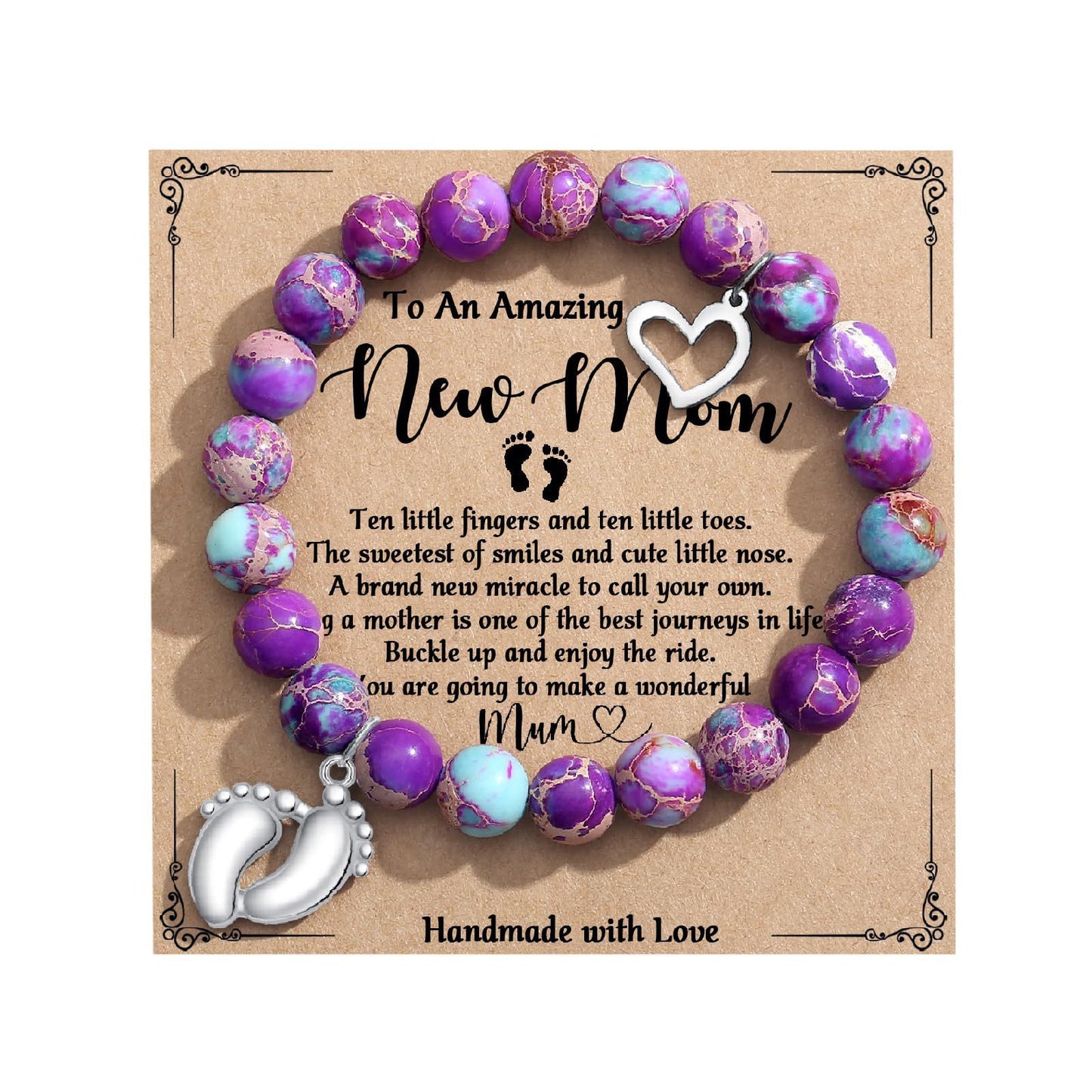 8mm Pink Zebra Agate and Imperial Turquoise Floral Heart Bracelet with Gemstone Inlay Unisex Handmade Jewelry
